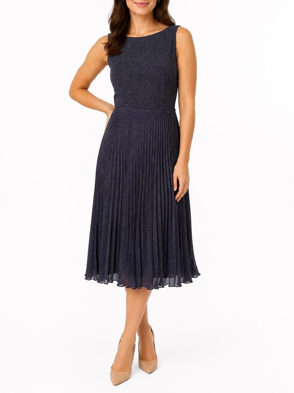 Lauren Ralph Lauren Women’s Size 6 Navy White Polka Dot Pleated Midi Dress